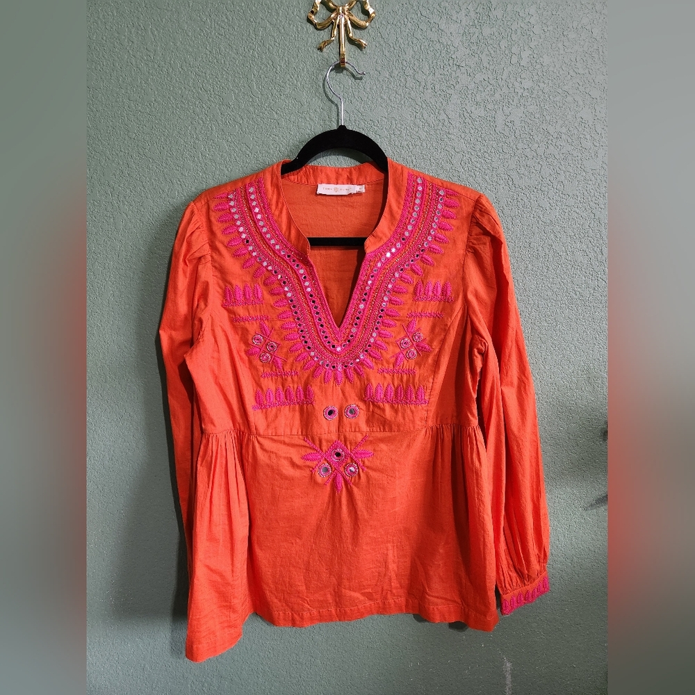 Tory Burch Womens Tangerine Claudia Tunic Top Size 10